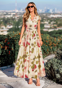 PRETTYGARDEN Womens Summer Maxi Dress V Neck Ruffle Sleeve A Line Floral Cocktail Dresses for Women Beach Vacation Outfits