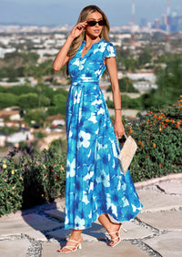 PRETTYGARDEN Womens Summer Maxi Dress V Neck Ruffle Sleeve A Line Floral Cocktail Dresses for Women Beach Vacation Outfits