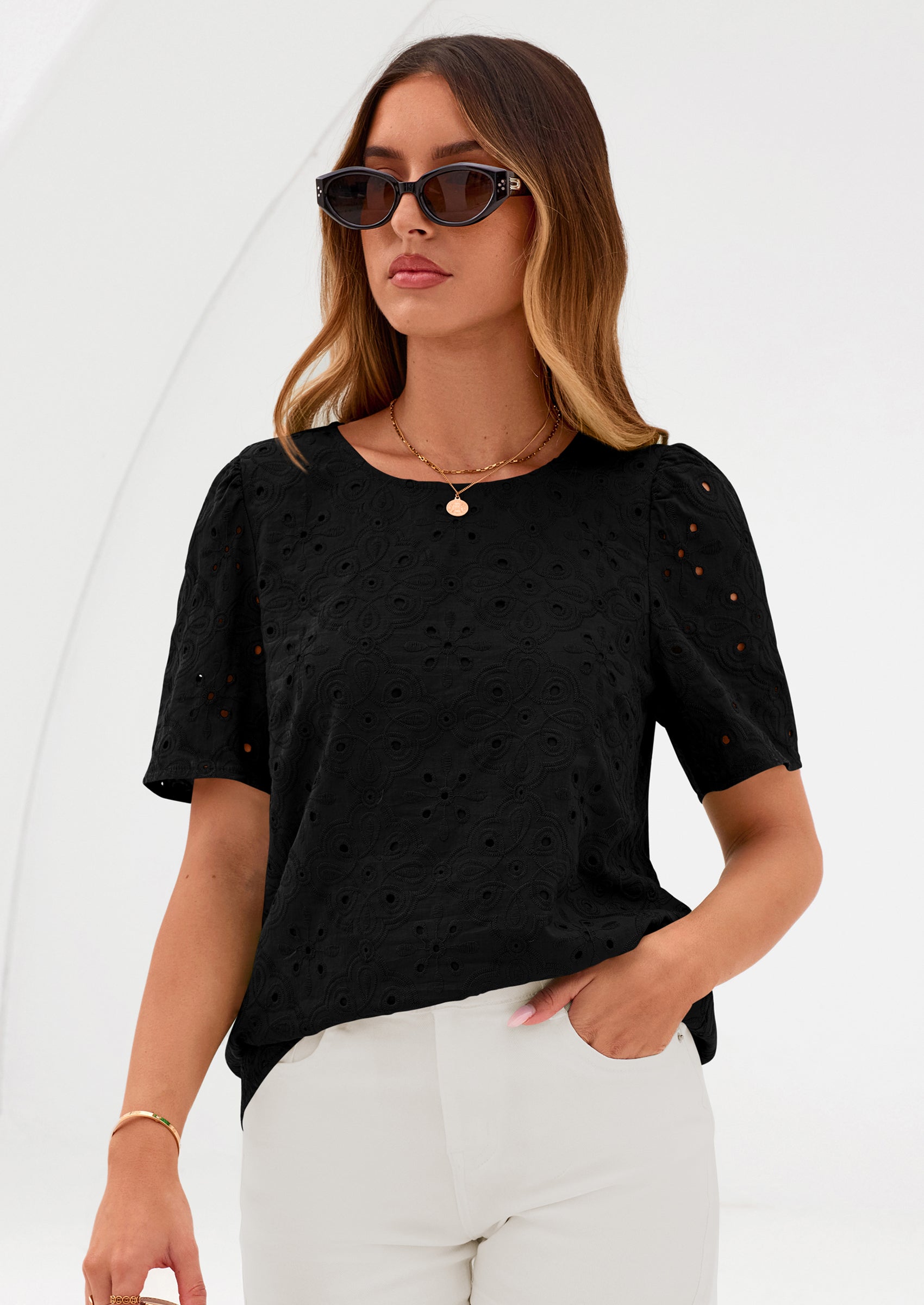 PRETTYGARDEN Women's Puff Short Sleeve Eyelet Shirts Summer Lace Blouses Dressy Casual Work Tops Spring Teacher Clothes PRETTYGARDEN