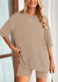 PRETTYGARDEN Women's Two Piece Lounge Set Summer Casual Oversized Shirts Biker Shorts Matching Airport Travel Outfit