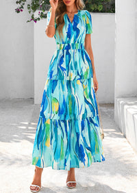 Summer Boho Floral Short Sleeve V Neck A Line Tiered Ruffle Flowy Long Beach Vacation Maxi Dresses