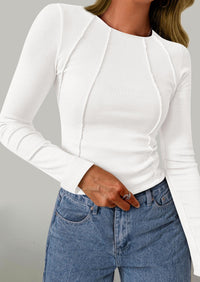 KIRUNDO Ribbed Long Sleeve Tops for Women Stretch Slim Basic Crop Tee Exposed Seams Spring Fall Fashion Trendy Tshirt