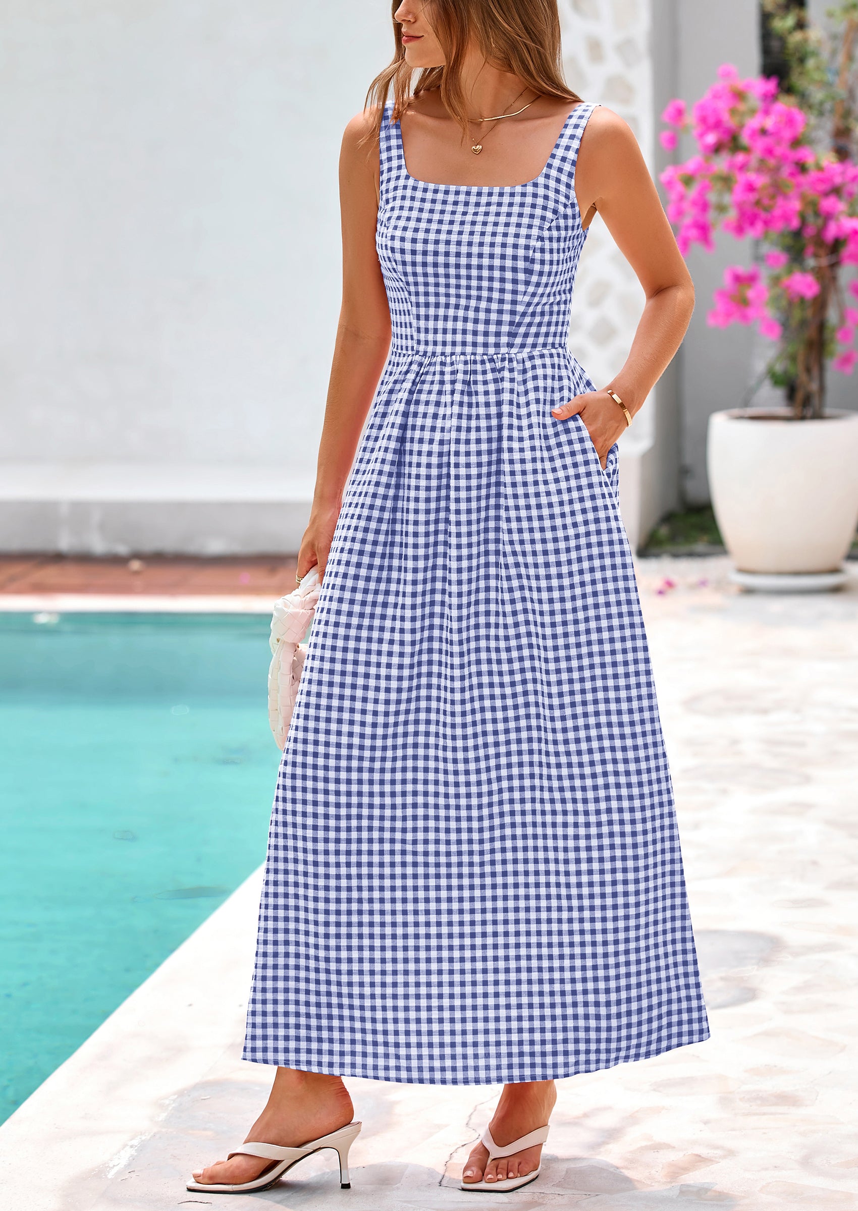 PRETTYGARDEN Women's Summer Spaghetti Strap Maxi Dresses Plaid Square Neck A Line Casual Beach Vacation Long Sundress