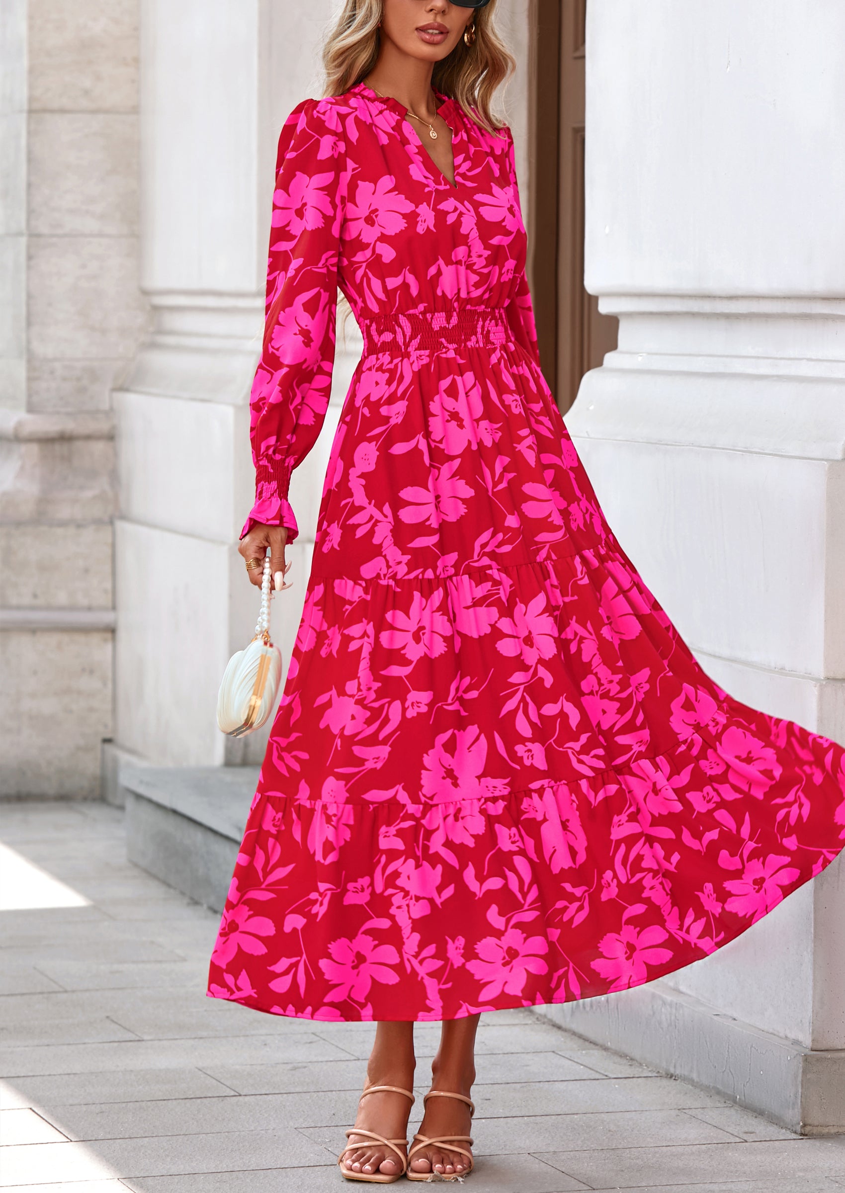 PRETTYGARDEN Women's Floral Maxi Dress Spring Long Sleeve V Neck Casual A Line Long Flowy Boho Party Dresses