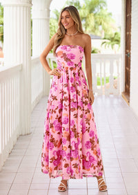 PRETTYGARDEN Womens Boho Maxi Dress Summer Floral Tube Strapless Spring Wedding Guest Cocktail Long Dresses