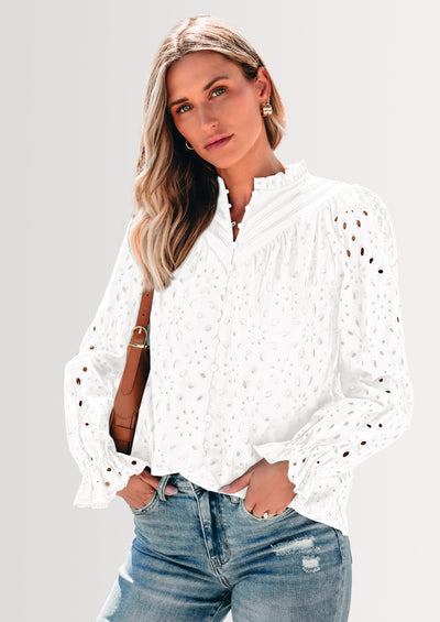 PRETTYGARDEN Women's Dressy Casual Blouse Tops Fall Spring Puff Long Sleeve Button V Neck Hollow Out Lace Embroidered Shirts