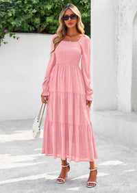 PRETTYGARDEN Fall Wedding Guest Dresses for Women Floral Long Sleeve Smocked Tiered Elegant Long Flowy Boho Dress