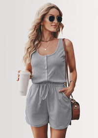 PRETTYGARDEN Casual Shorts Jumpsuit Plain Scoop Neck Button Down Sleeveless Tank Top Rompers
