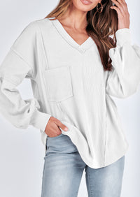 BTFBM Women's Ribbed Long Sleeve Tops Summer Spring Pullover Knit Casual V Neck Blouses Trendy Loose Fit Tunic Top