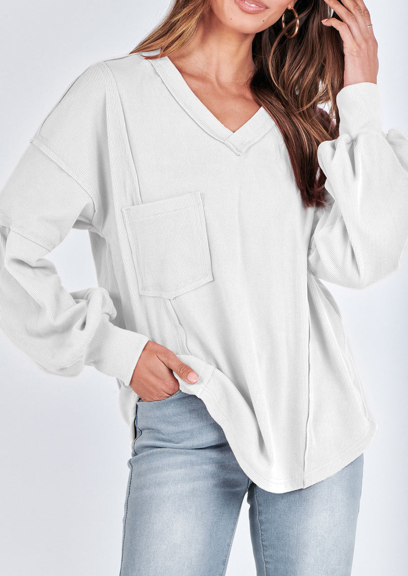 BTFBM Women's Ribbed Long Sleeve Tops Summer Spring Pullover Knit Casual V Neck Blouses Trendy Loose Fit Tunic Top PRETTYGARDEN