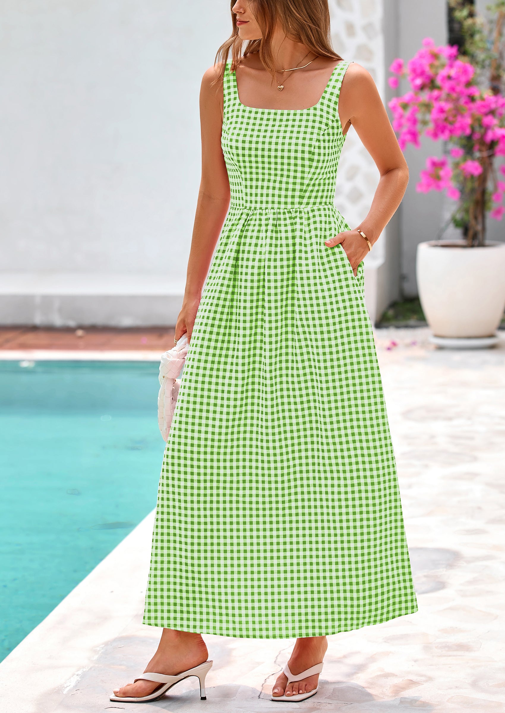 PRETTYGARDEN Women's Summer Spaghetti Strap Maxi Dresses Plaid Square Neck A Line Casual Beach Vacation Long Sundress