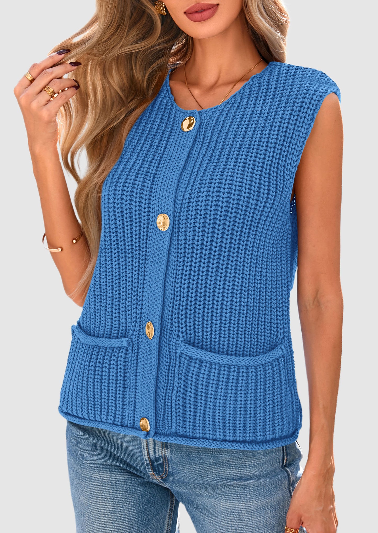 Women's Sweaters Vest 2025 Sleeveless Button Down Cropped Chunky Knit Cardigan Trendy Tank Tops with Pockets