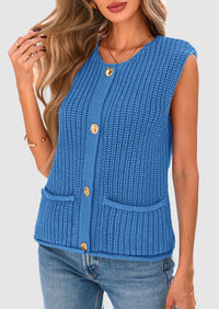 Sleeveless Button Down Cropped Chunky Knit Cardigan Trendy Tank Tops with Pockets