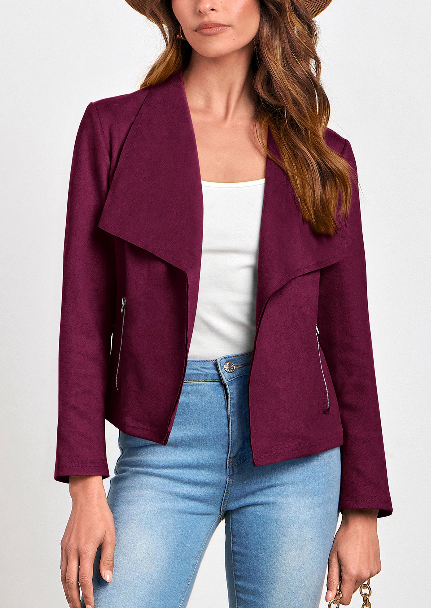 PRETTYGARDEN Women's Faux Suede Jackets Fashion Fall Clothes Long Sleeve Open Front Cropped Coat Outwear