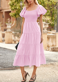 PRETTYGARDEN Women's Summer Casual Midi Dress Puffy Short Sleeve Square Neck Smocked Tiered Ruffle Dresses