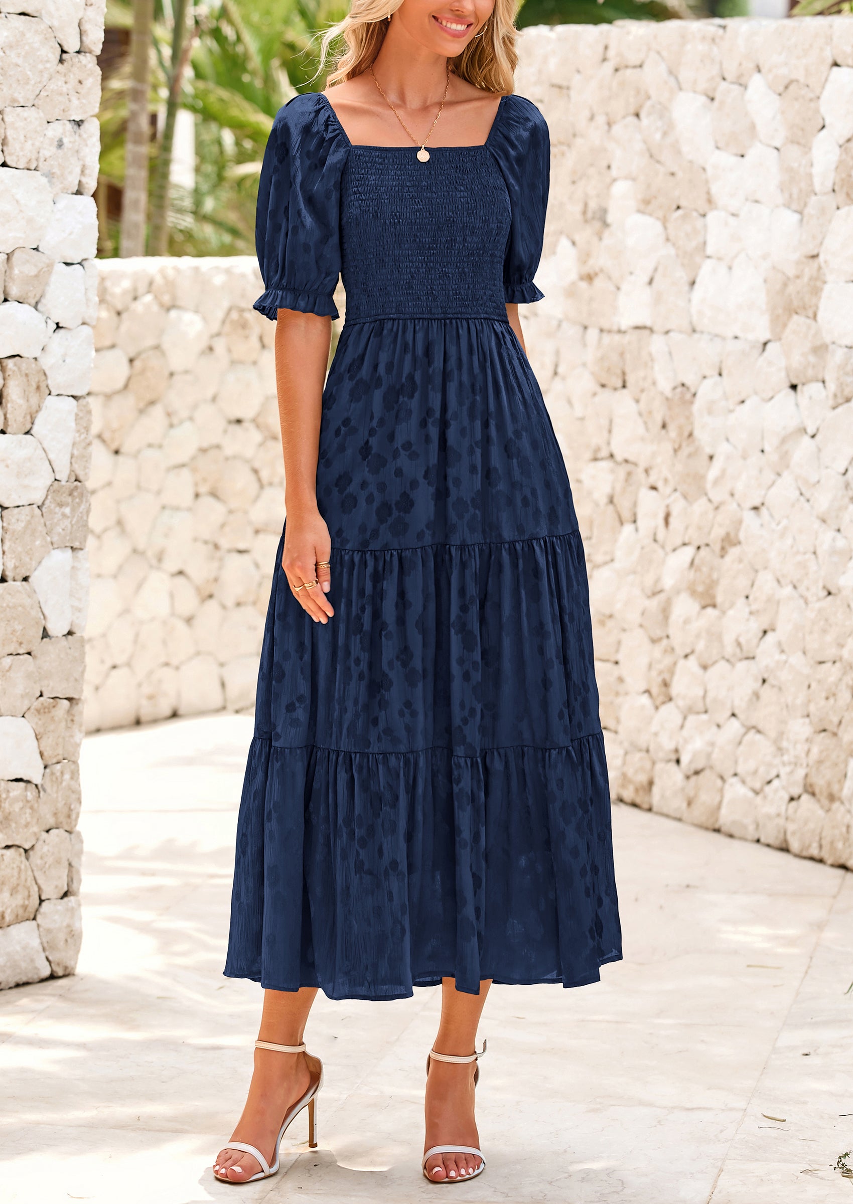 PRETTYGARDEN Women's Casual Midi Dresses Square Neck Short Sleeve Smocked A Line Floral Flowy Elegant Boho Dress