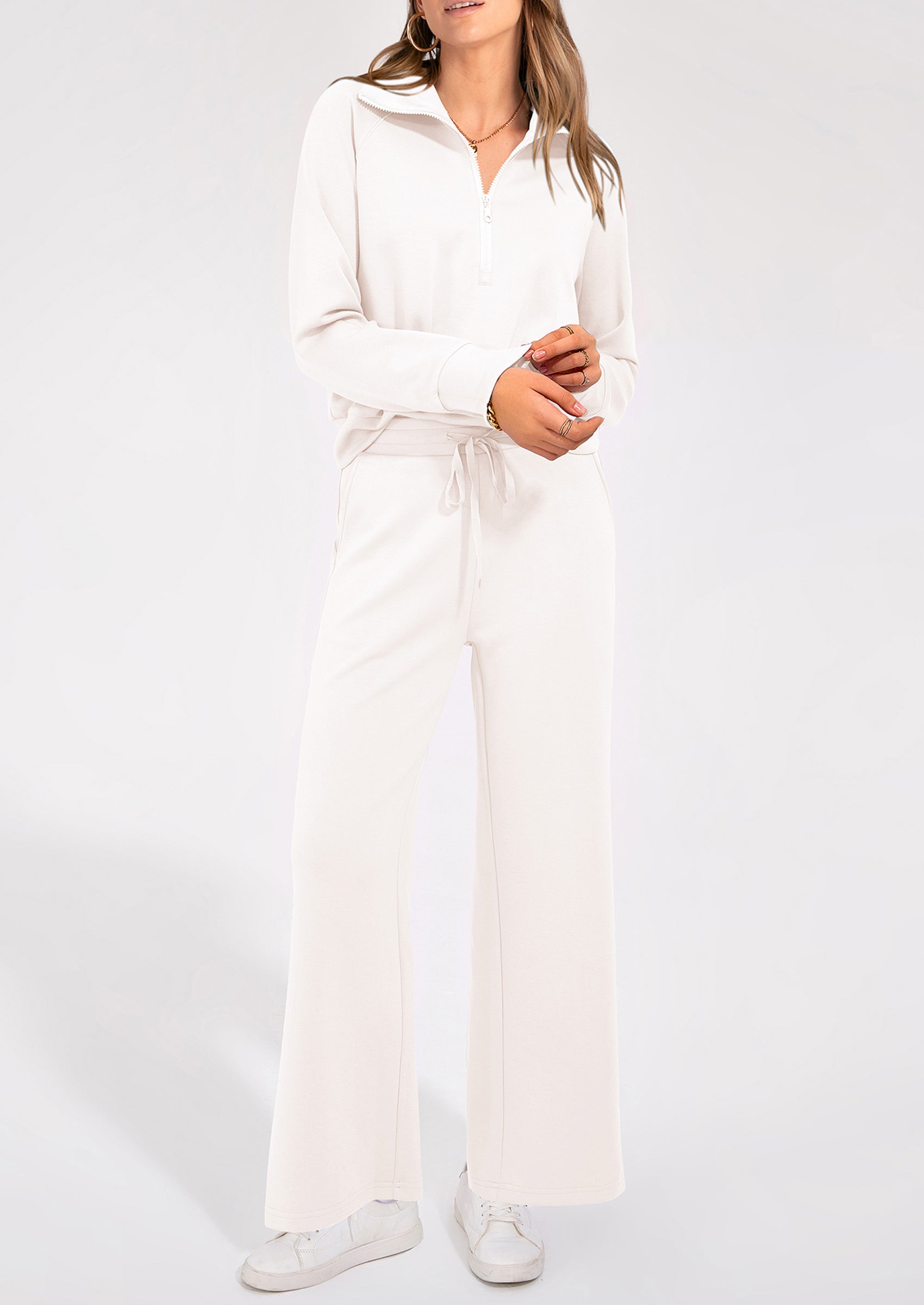 PRETTYGARDEN Women's 2 Piece Outfits Casual Lapel Half Zip Sweatshirts And Wide Leg Pants Tracksuit Sets