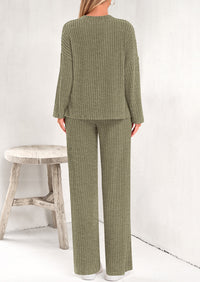 PRETTYGARDEN Women's 2 Piece Lounge Sets Ribbed Knit Long Sleeve V Neck Pullover Tops Wide Leg Pants Spring Fall Outfits
