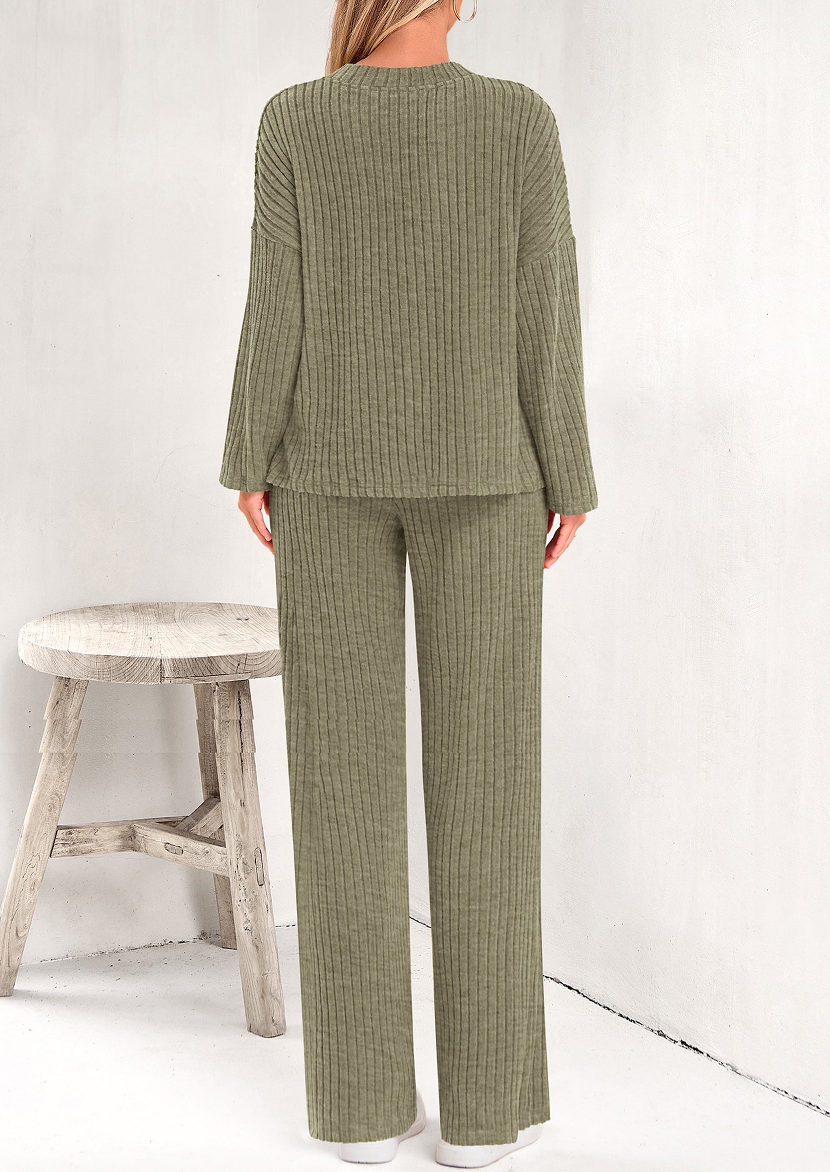 PRETTYGARDEN Women's 2 Piece Lounge Sets Ribbed Knit Long Sleeve V Neck Pullover Tops Wide Leg Pants Spring Fall Outfits