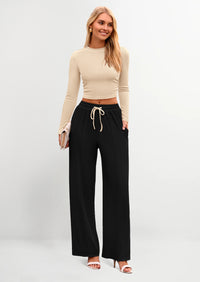 PRETTYGARDEN Women's 2 Piece Loungewear Long Sleeve Crop Top Wide Leg Palazzo Pants Set Tracksuits Casual Outfit