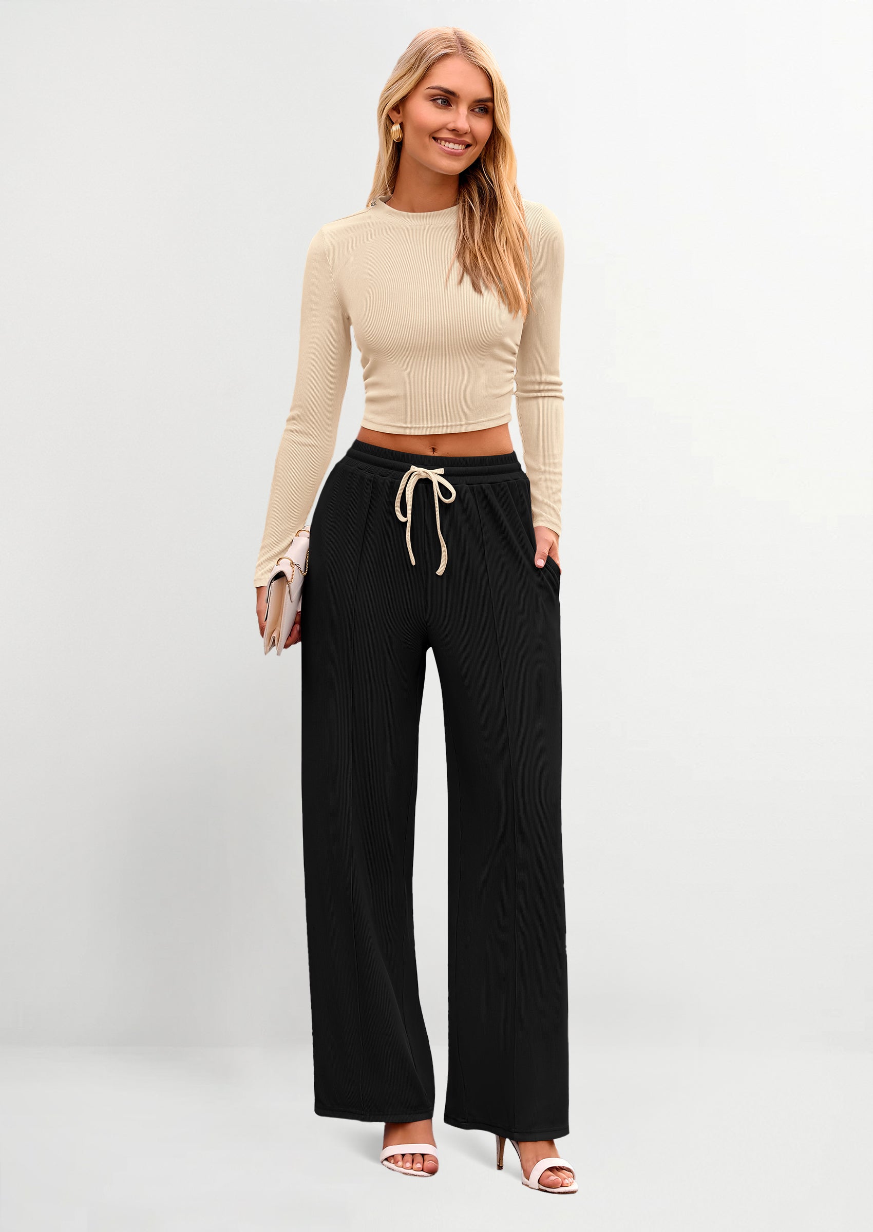 PRETTYGARDEN Women's 2 Piece Loungewear Long Sleeve Crop Top Wide Leg Palazzo Pants Set Tracksuits Casual Outfit