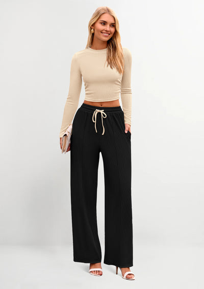 PRETTYGARDEN Women's 2 Piece Loungewear Long Sleeve Crop Top Wide Leg Palazzo Pants Set Tracksuits Casual Outfit