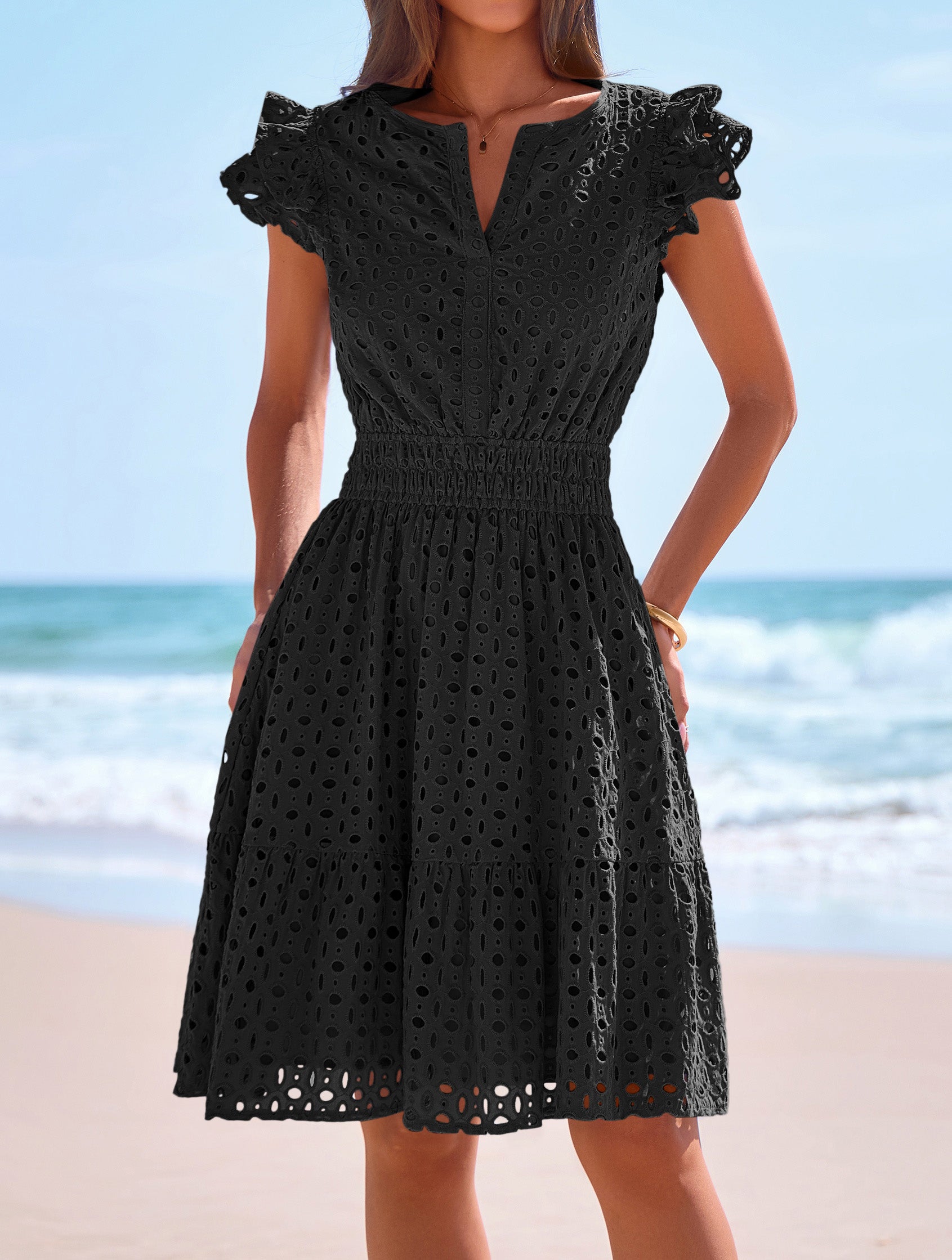 PRETTYGARDEN Women's Summer Sundresses Eyelet Cap Sleeve V Neck Short Boho Wedding Guest Dress Beach Vacation Clothes PRETTYGARDEN