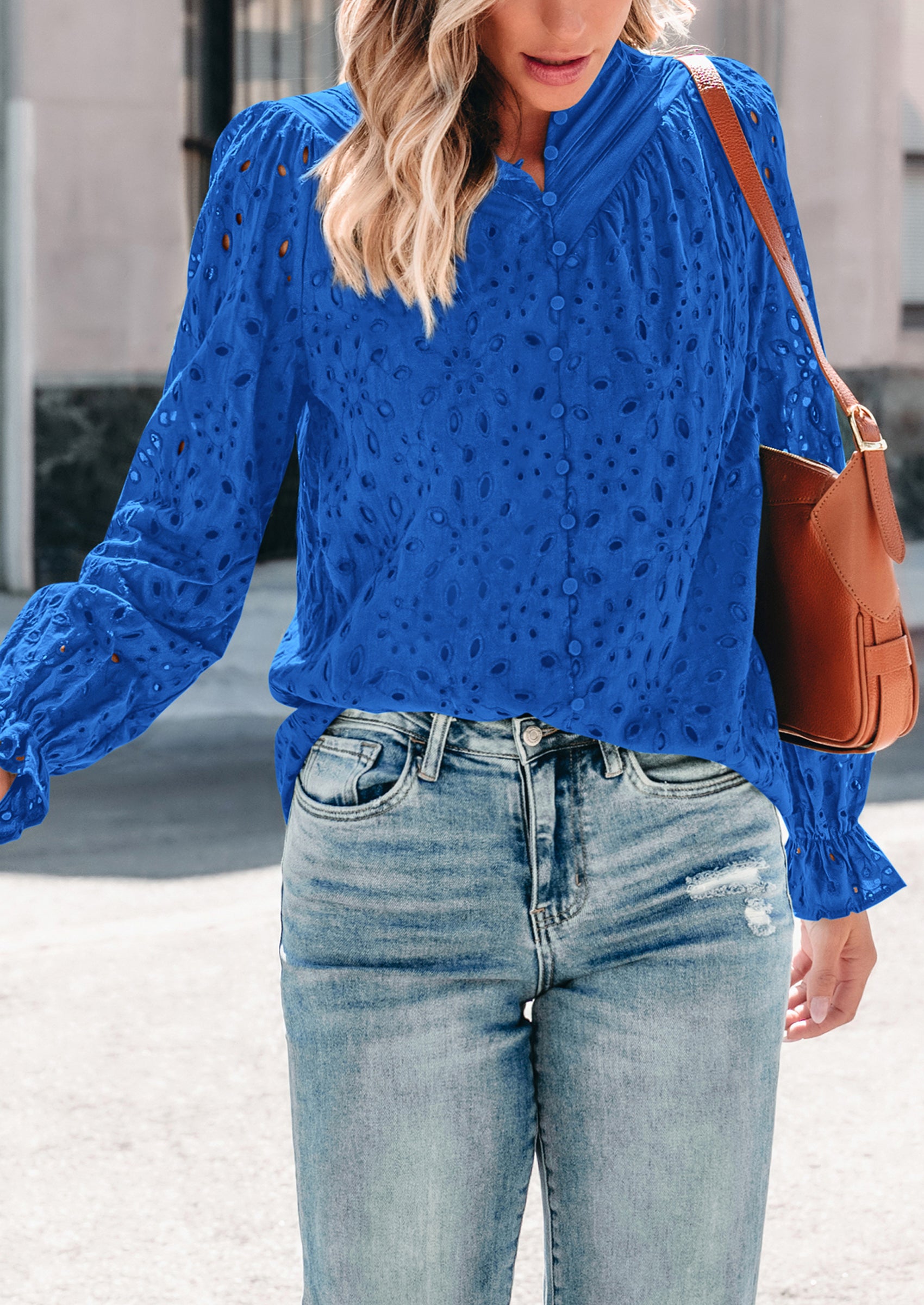 PRETTYGARDEN Women's Dressy Casual Blouse Tops Fall Spring Puff Long Sleeve Button V Neck Hollow Out Lace Embroidered Shirts