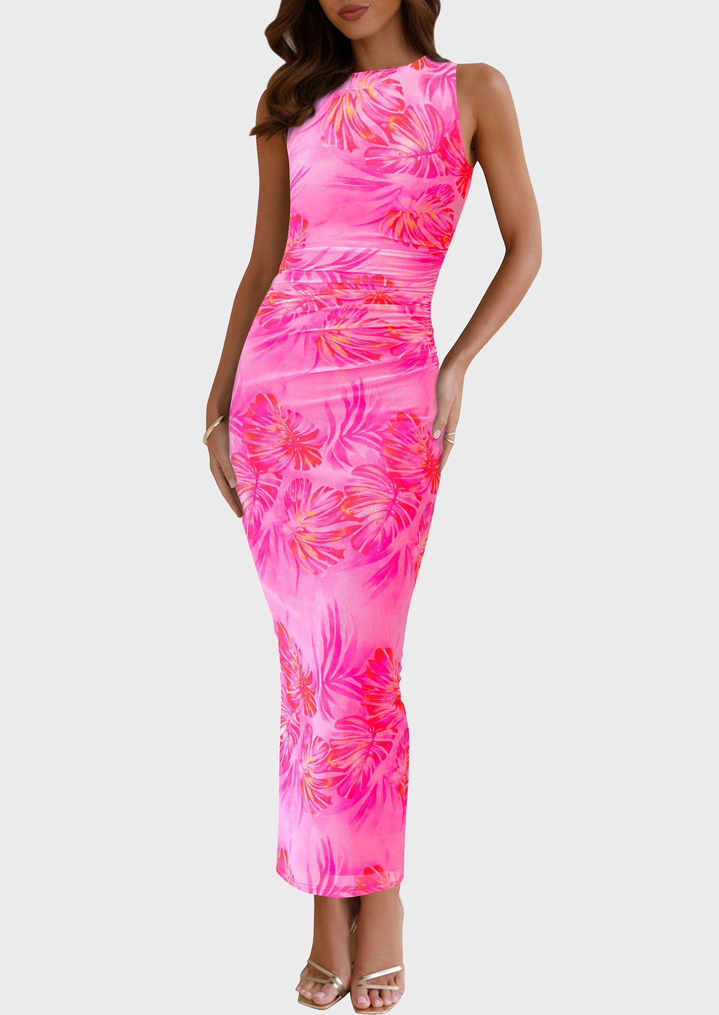 Wedding Guest Dresses for Women 2025 Summer Resort Wear Sexy Floral Bodycon Sleeveless Mesh Maxi Long Dress