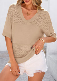 PRETTYGARDEN Women's Short Sleeve Sweater Tops Spring Summer Casual V Neck Ribbed Knit Trendy Eyelet Blouse T Shirts