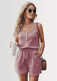PRETTYGARDEN Casual Shorts Jumpsuit Plain Scoop Neck Button Down Sleeveless Tank Top Rompers
