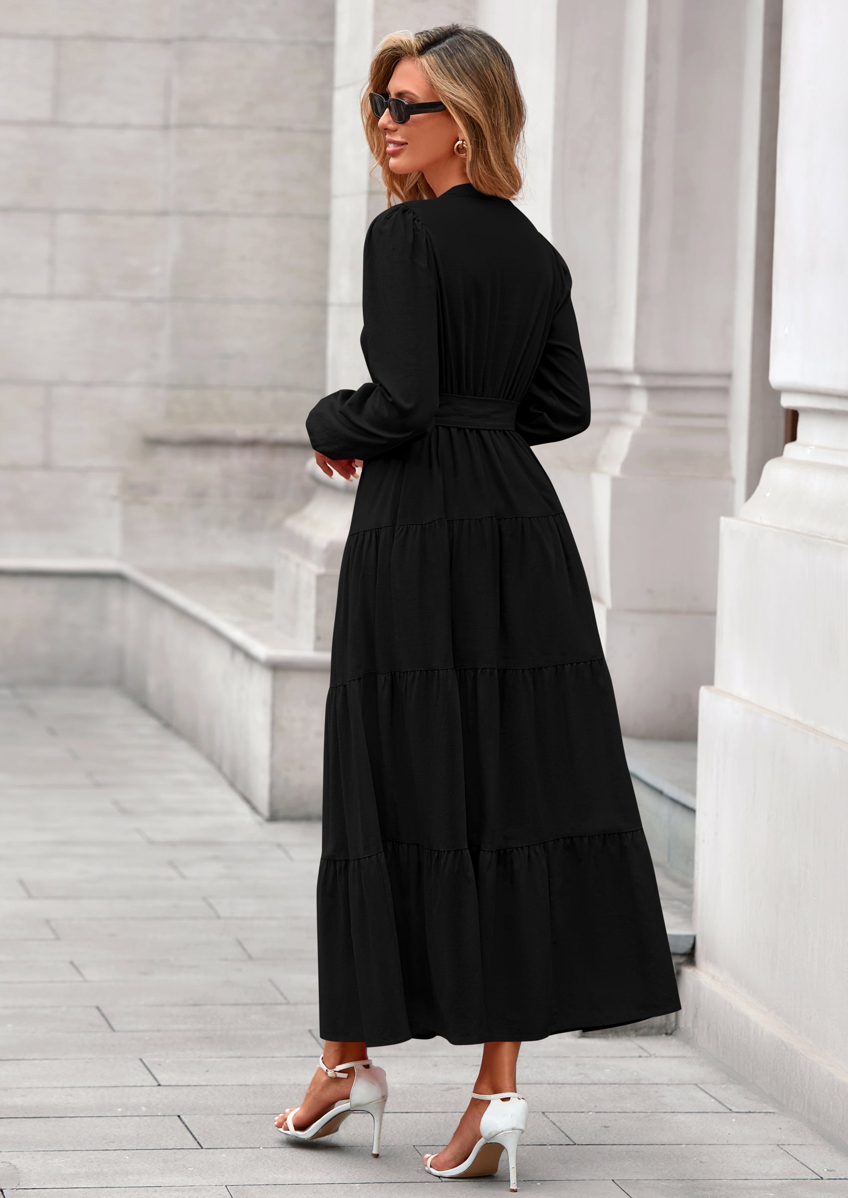 PRETTYGARDEN Fall Dresses for Women Long Sleeve V Neck Belted Ruffle A Line Flowy Boho Maxi Wedding Guest Dress Pockets