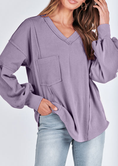 BTFBM Women's Ribbed Long Sleeve Tops Summer Spring Pullover Knit Casual V Neck Blouses Trendy Loose Fit Tunic Top