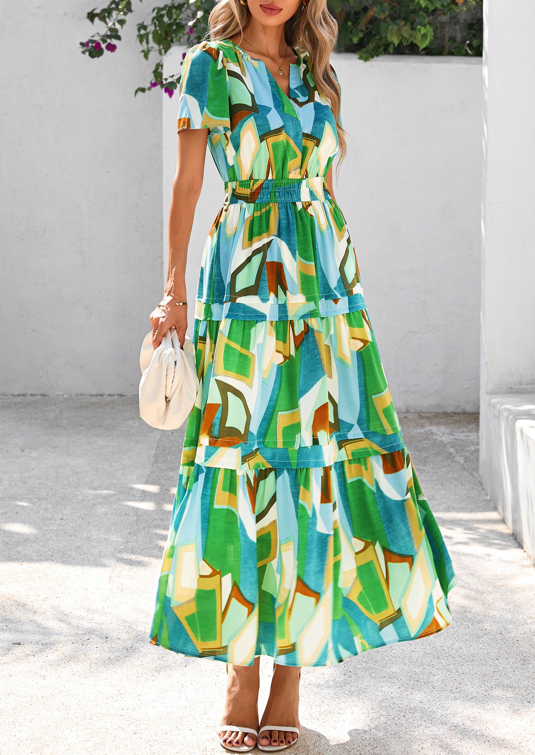 PRETTYGARDEN Women's Boho Maxi Dresses Floral Short Sleeve V Neck A Line Tiered Flowy Long Beach Vacation Dress