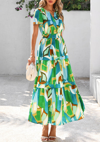 PRETTYGARDEN Women's Boho Maxi Dresses Floral Short Sleeve V Neck A Line Tiered Flowy Long Beach Vacation Dress