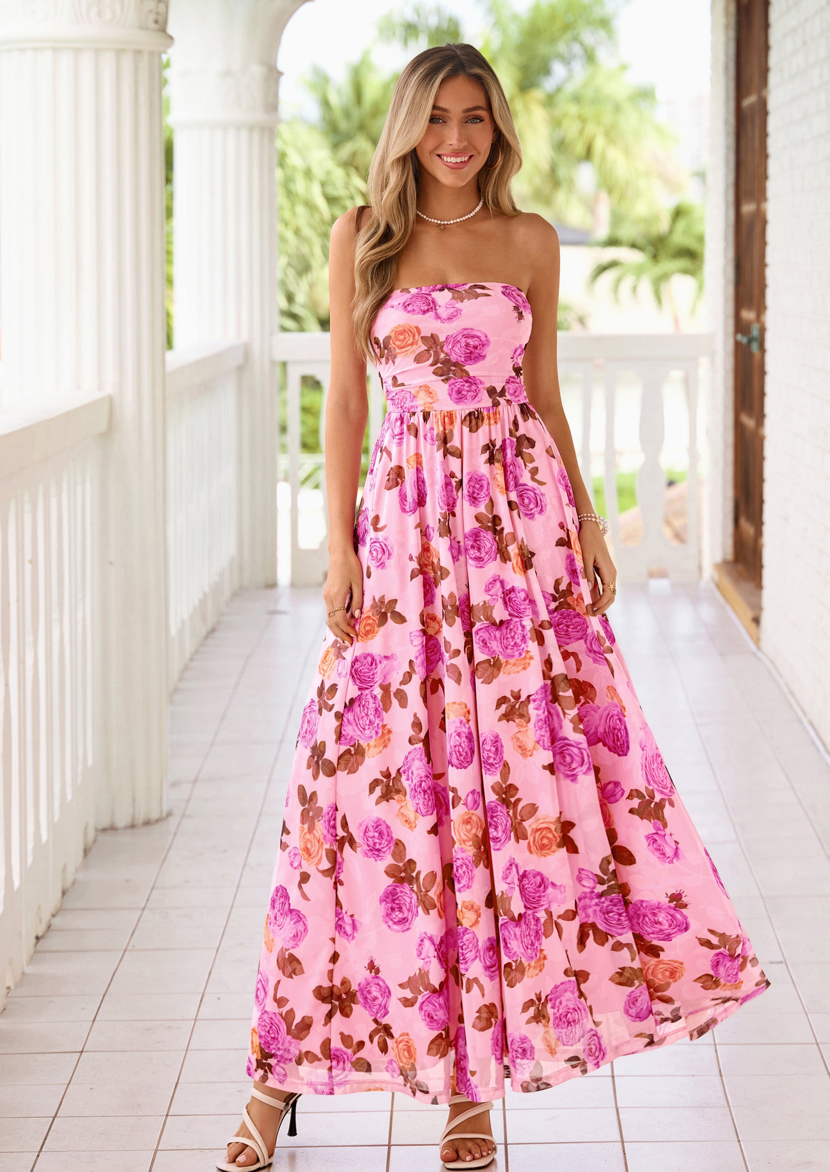 PRETTYGARDEN Womens Boho Maxi Dress Summer Floral Tube Strapless Spring Wedding Guest Cocktail Long Dresses