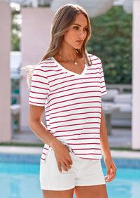 PRETTYGARDEN Short Sleeve Shirts for Women Spring V Neck Cute Tops Casual Striped Shirt Knitted Tees Summer Outfits