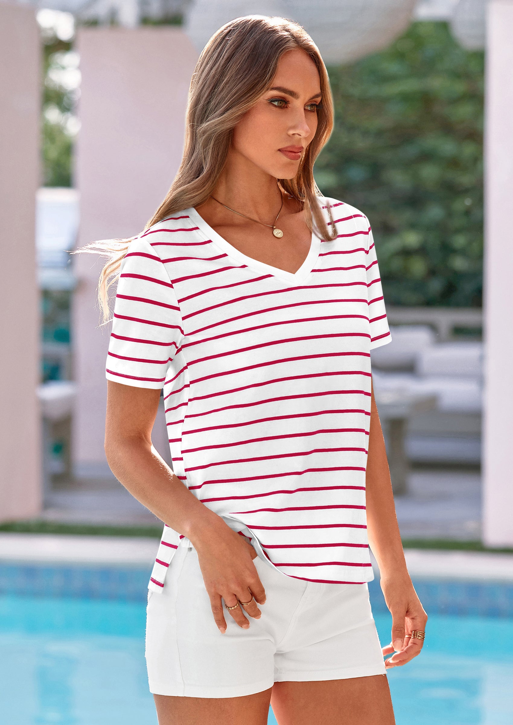 PRETTYGARDEN Short Sleeve Shirts for Women Spring V Neck Cute Tops Casual Striped Shirt Knitted Tees Summer Outfits