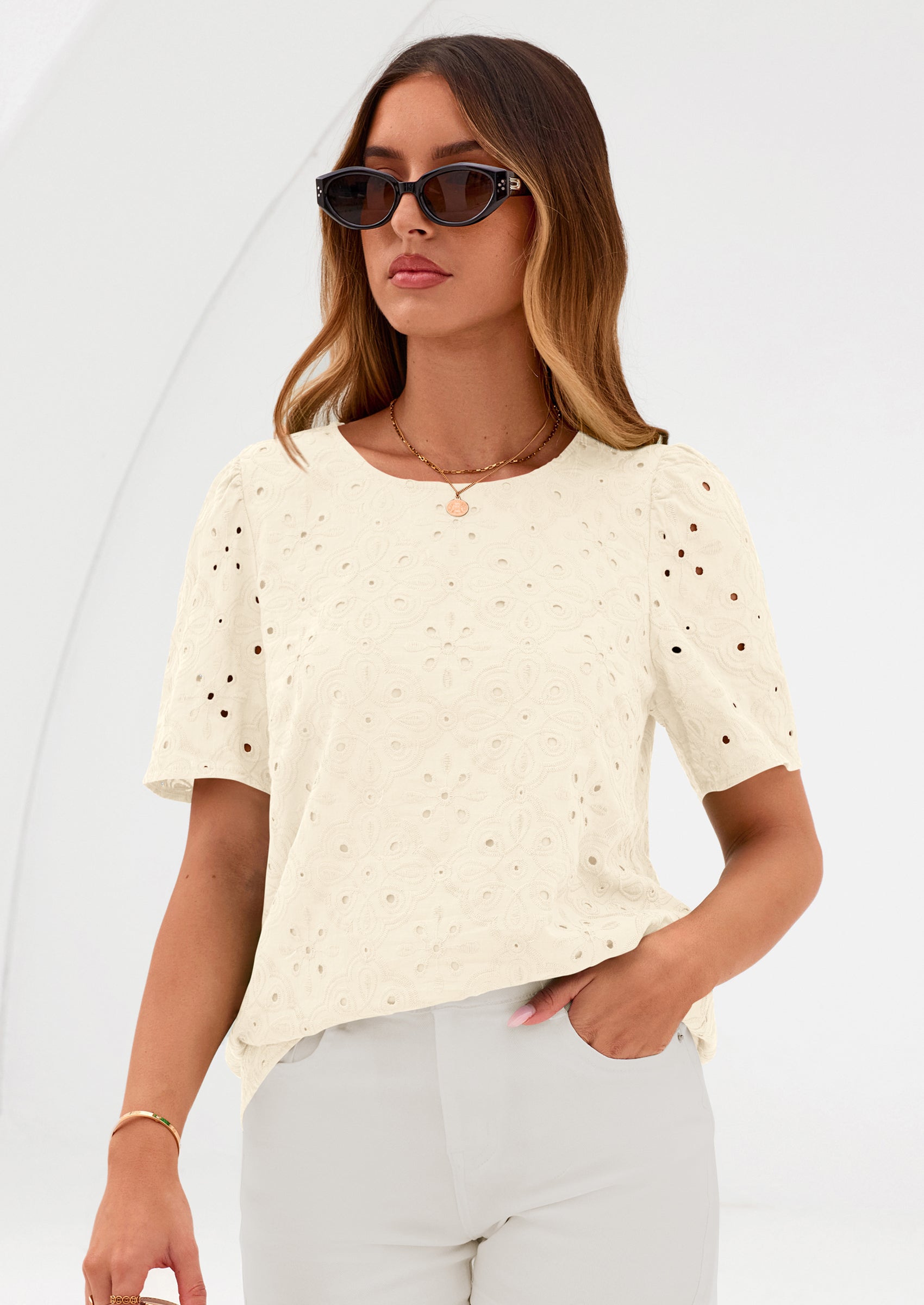 PRETTYGARDEN Women's Puff Short Sleeve Eyelet Shirts Summer Lace Blouses Dressy Casual Work Tops Spring Teacher Clothes PRETTYGARDEN