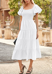 PRETTYGARDEN Women's Summer Casual Midi Dress Puffy Short Sleeve Square Neck Smocked Tiered Ruffle Dresses