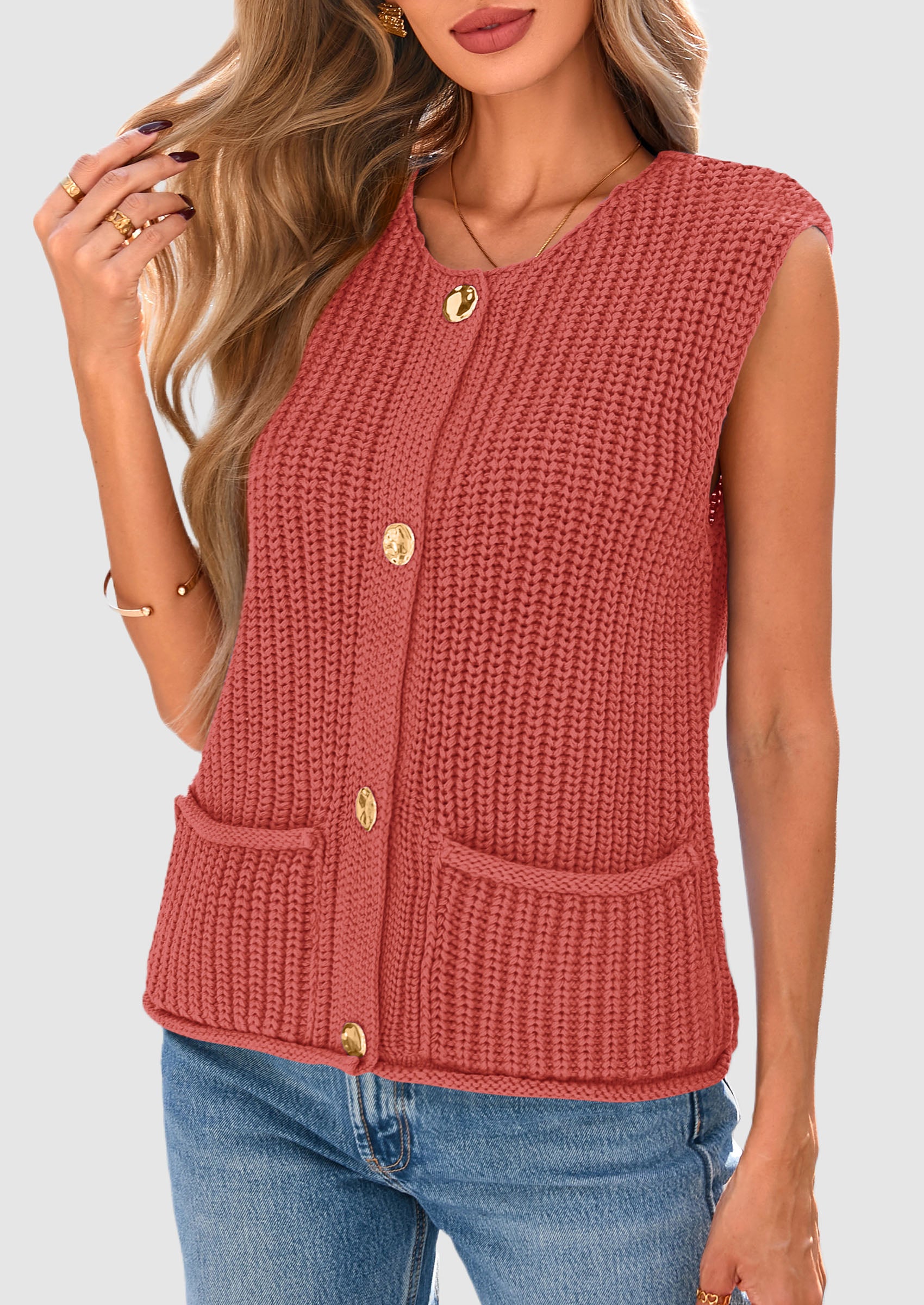 PRETTYGARDEN Women's Summer Sweaters Vest Sleeveless Button Down Cropped Pockets Chunky Knit Cardigan Trendy Tank Tops