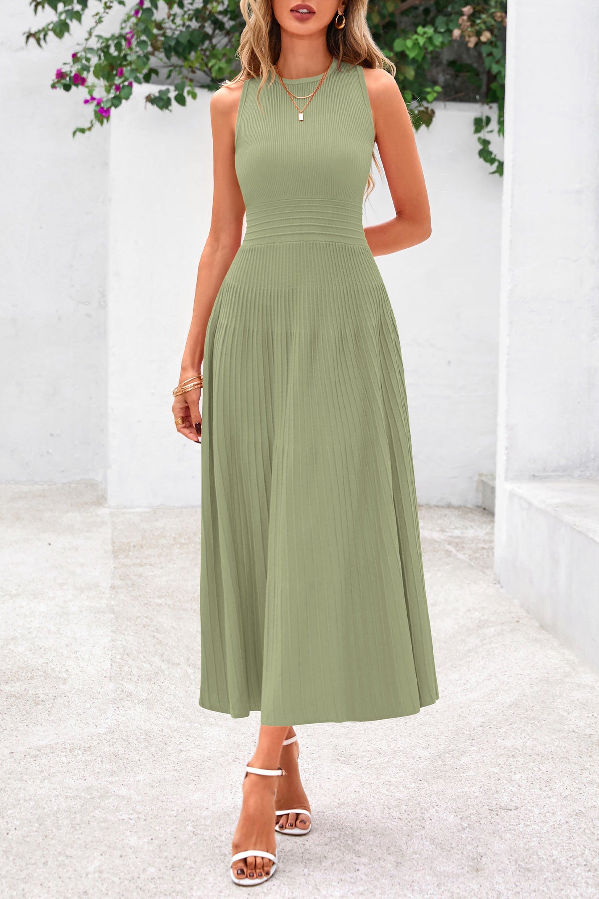 Women's Summer Midi Dresses 2025 Sleeveless Crewneck Knit A Line Pleated Swing Wedding Guest Casual Tank Dress