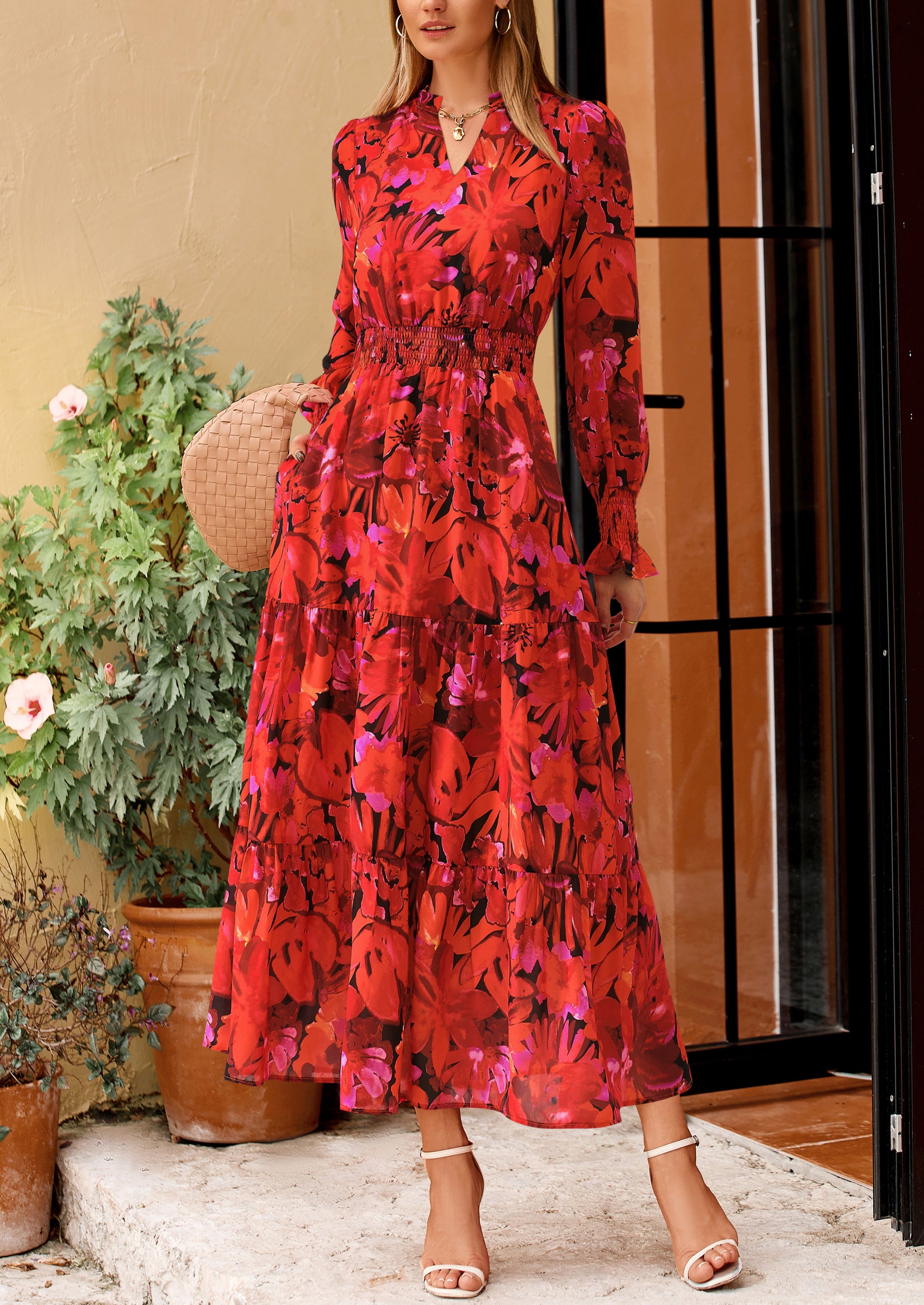 PRETTYGARDEN Women's Floral Maxi Dress Spring Long Sleeve V Neck Casual A Line Long Flowy Boho Party Dresses