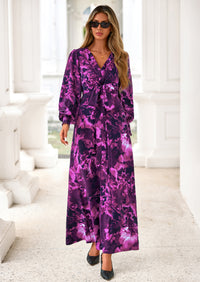 PRETTYGARDEN Women's Fall Boho Maxi Dress Floral Long Sleeve V Neck Flowy Belted Elegant Holiday Party Dresses