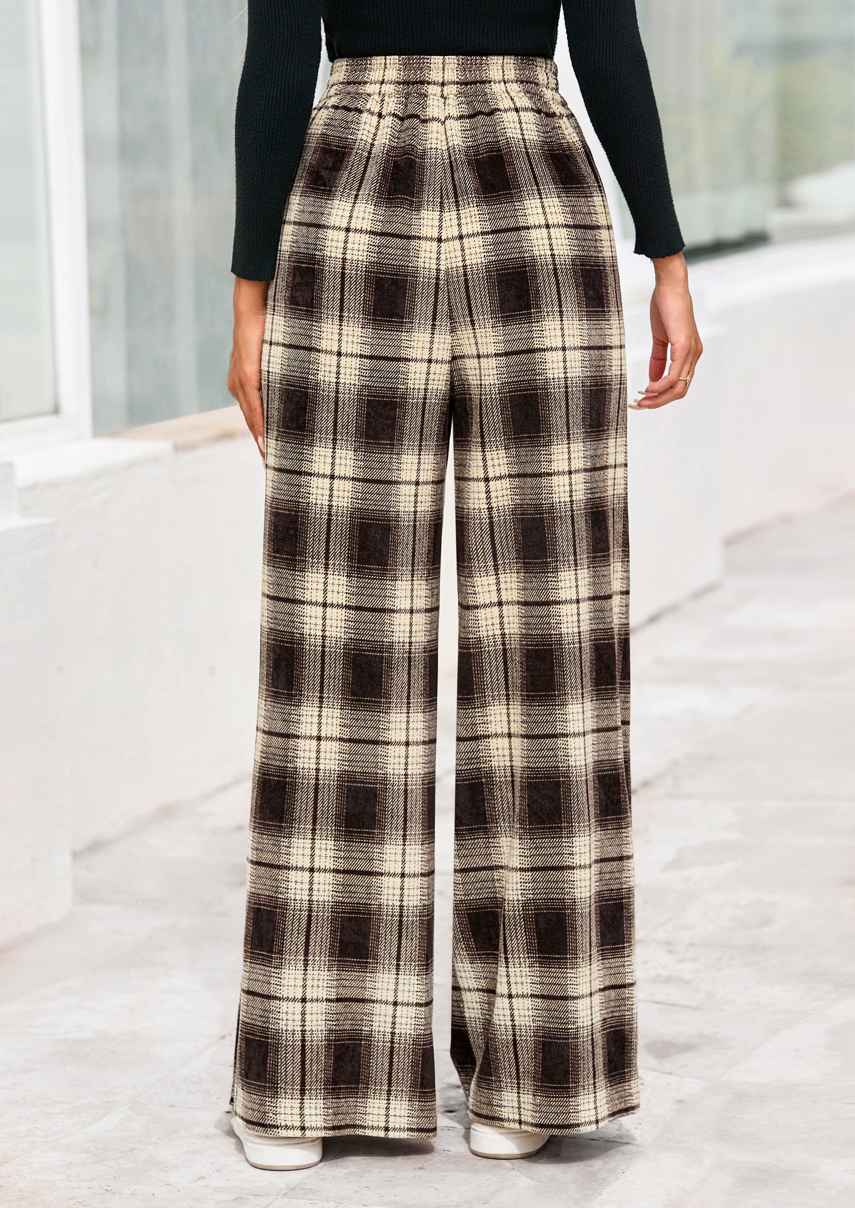 PRETTYGARDEN Casual Women's Pants Elastic Waist Palazzo Long Stretchy Wide Leg Trousers Knit Fall Outfits with Pockets