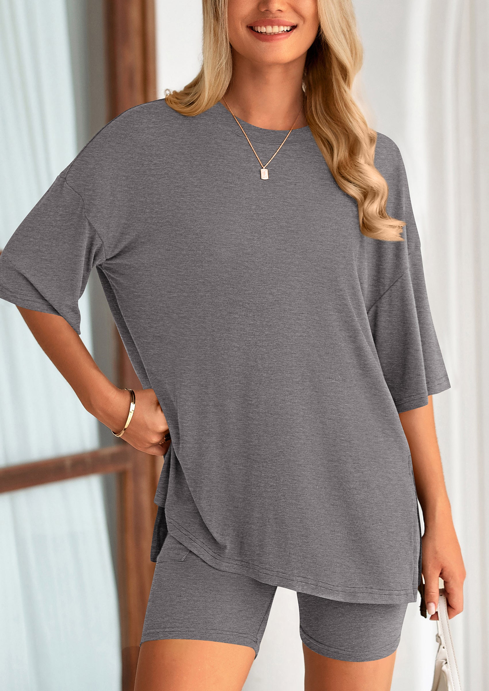 PRETTYGARDEN Women's Two Piece Lounge Set Summer Casual Oversized Shirts Biker Shorts Matching Airport Travel Outfit