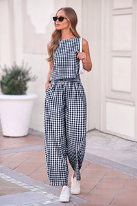 PRETTYGARDEN Womens 2 Piece Sets Summer Plaid Sleeveless Tops Wide Leg Pants Matching Lounge Set Beach Vacation Outfits