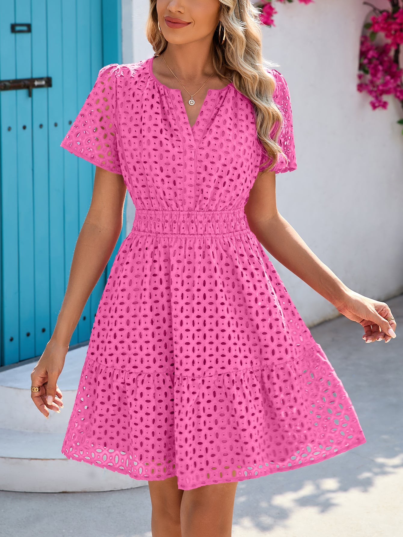 PRETTYGARDEN Women Summer Short Dress V Neck Short Sleeve A Line Hollow Out Lace Ruffle Cute Casual Beach Party Dresses