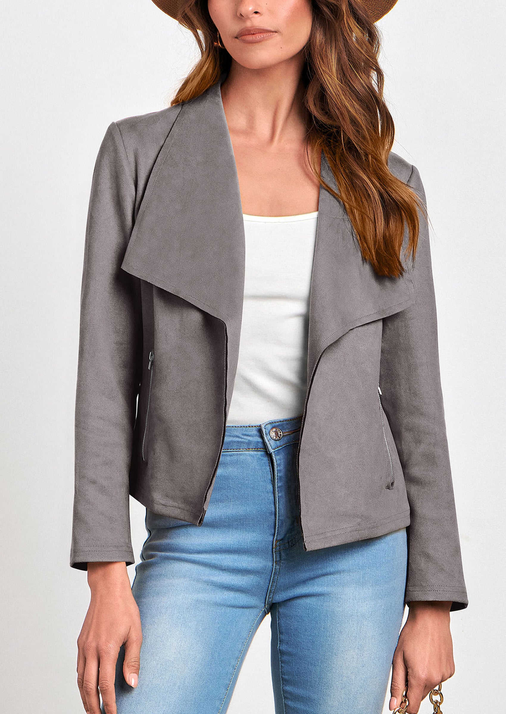 PRETTYGARDEN Women's Faux Suede Jackets Fashion Fall Clothes Long Sleeve Open Front Cropped Coat Outwear