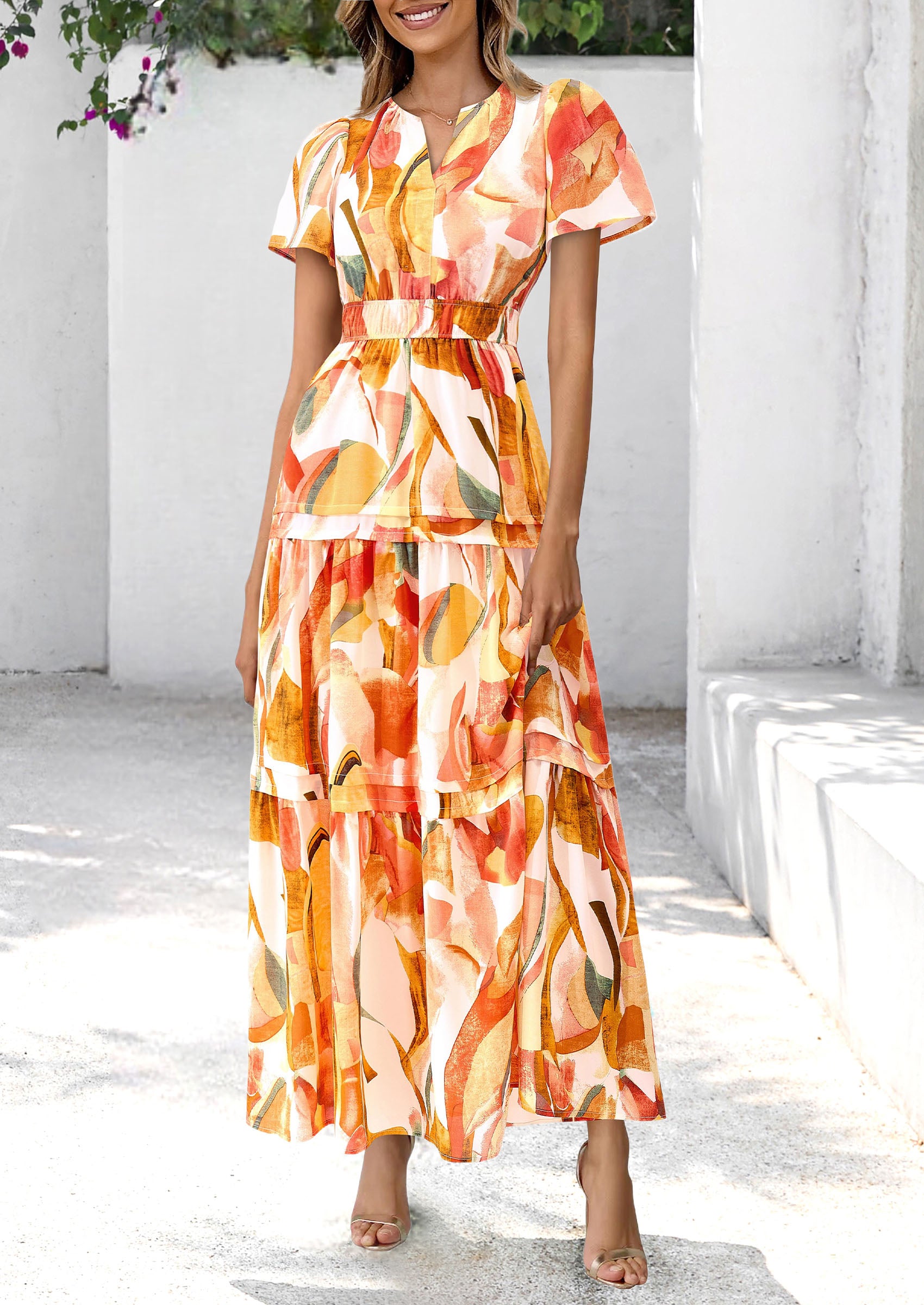 PRETTYGARDEN Women's Boho Maxi Dresses Floral Short Sleeve V Neck A Line Tiered Flowy Long Beach Vacation Dress